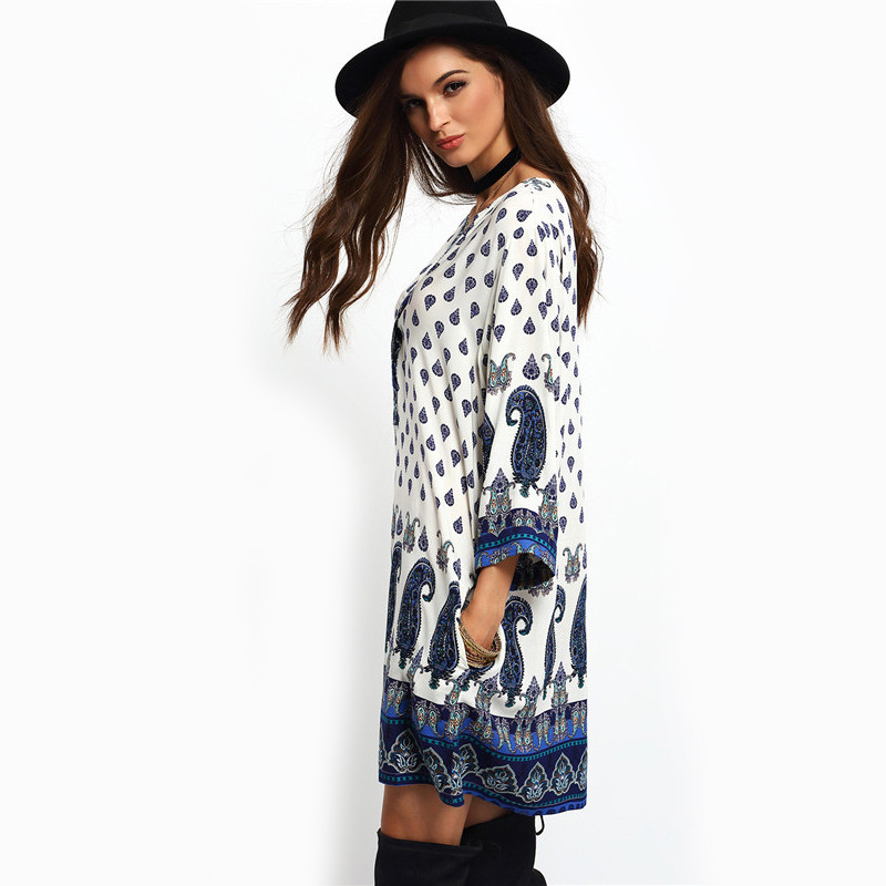 F2523 Blue Beige V Neck Tribal Print Loose Dress